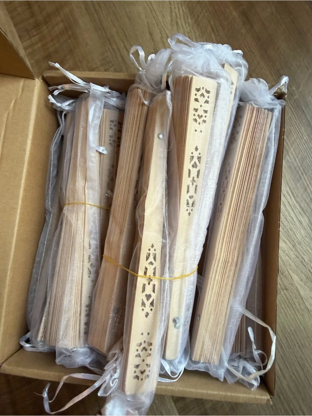 Brand New! 24 Wooden Fans with white bags and thank you tags